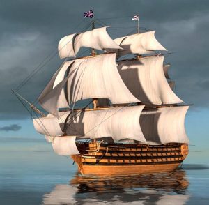 barco inglés de la época de las colonias navegando en el mar