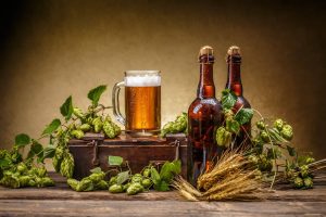 bodegón de cervezas junto con sus ingredientes necesarios para su elaboración