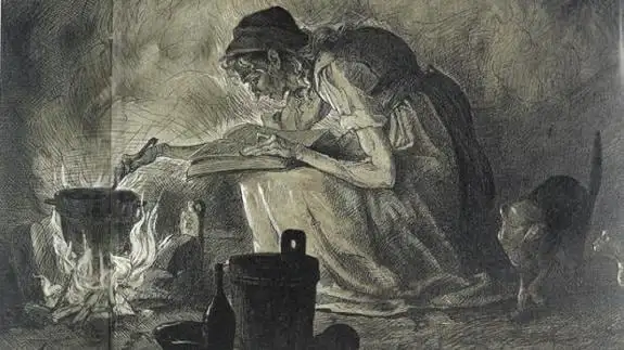 La historia de la cerveza y las mujeres representada en un dibujo de una mujer con una gato elaborando en un caldero mientras repasa la receta en un libro